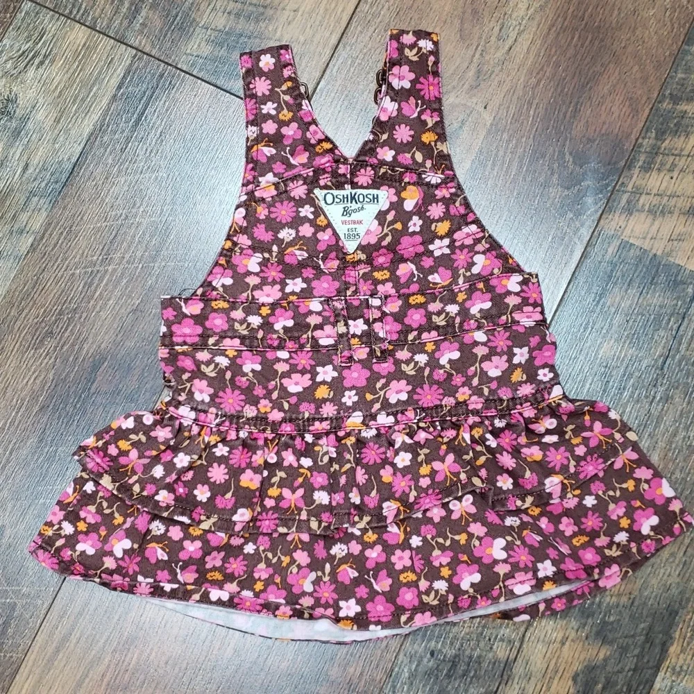 Oshkosh B'Gosh Brown, Pink, Orange Floral Cotton Denim Overall Dress, Size 3M